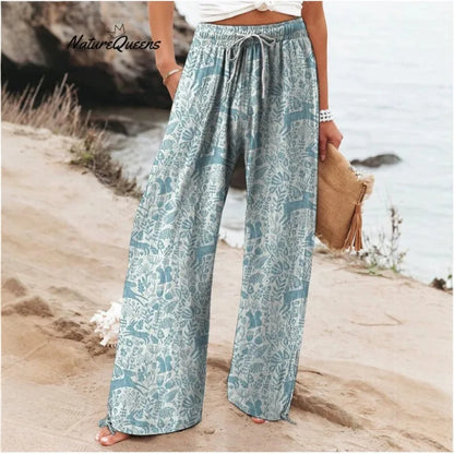 Women's New High Waist Loose Casual Wide Leg Print Pants Summer Beach EU US Style Comfy Flowy Trousers