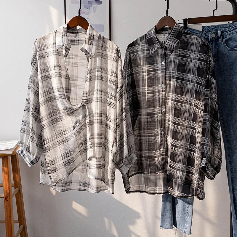 Sheer Chiffon Plaid Shirt for Women Ovesized Collared Button-down Blouse Summer Laides Slouchy Casual Outfit