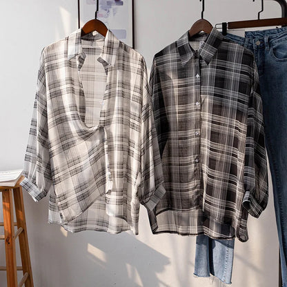 Sheer Chiffon Plaid Shirt for Women Ovesized Collared Button-down Blouse Summer Laides Slouchy Casual Outfit