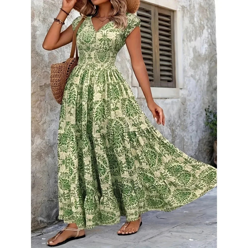 Plus Size Women's Bohemian Floral Print V-Neck Short Sleeve Dress Oversized Ruffled Skirt For Women Casual A-line Long Dresses