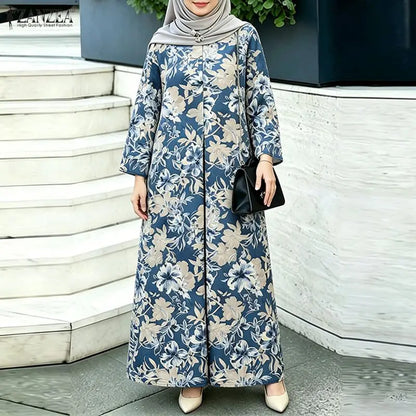 ZANZEA Modest Muslim Abaya Hijab Dress 2026 Fashion Women Long Sleeve Floral Printed Sundress Dubai Robe Femme Vestidos Ramadan