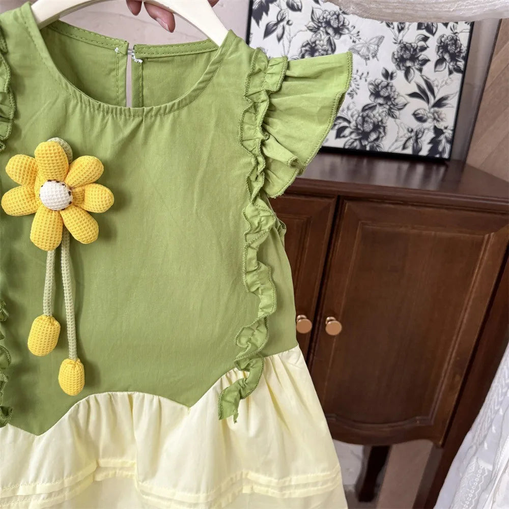 Summer Girls Fashion Sleeveless Cute Flower Decoration Sweet Ruffled Princess Dress 1 Pc 2-7 Years Kids Daily Casual Clothes
