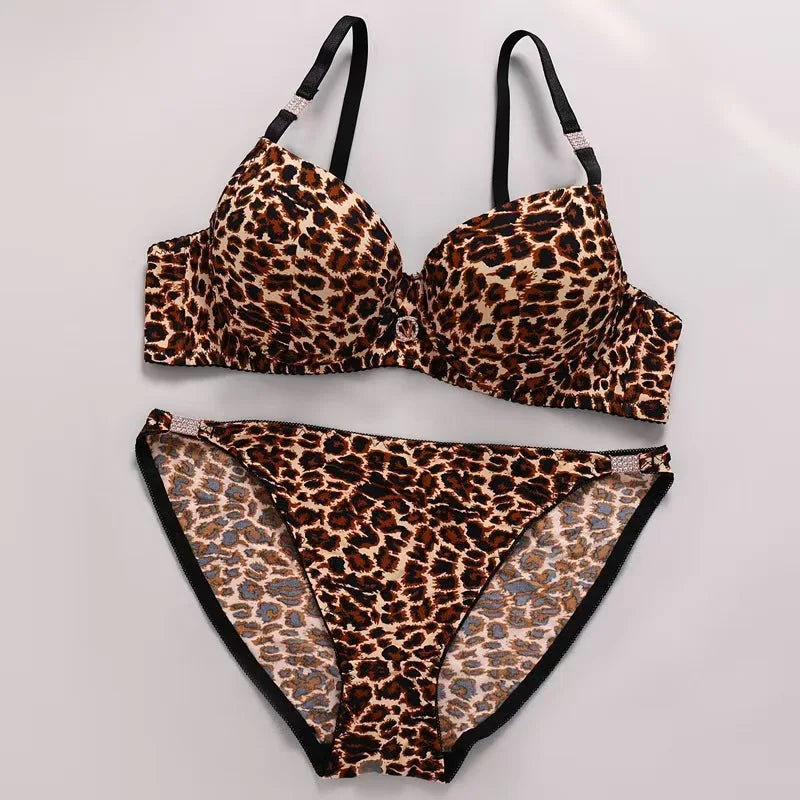 Sexy Thick Lingerie Set Leopard Print Upper Thin Lower Thick Bra Set  Sexy Push-Up Bra Set