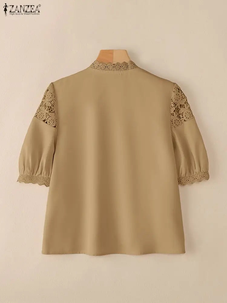 ZANZEA Women's Elegant Lace Patchwork Shirts O-Neck Half Lantern Sleeve Button Up Blouses 2025 Autumn Solid Color Woman Clothing