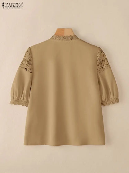 ZANZEA Women's Elegant Lace Patchwork Shirts O-Neck Half Lantern Sleeve Button Up Blouses 2025 Autumn Solid Color Woman Clothing