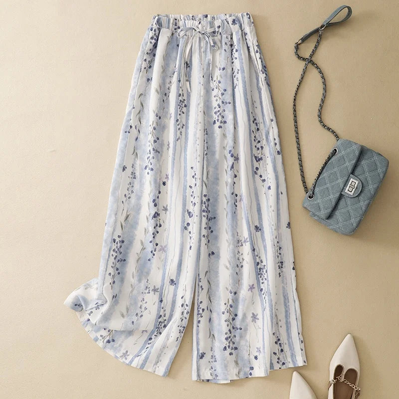 Casual Floral Print Wide Leg Pants High Waist Long Trousers Women's Spring Summer Vacation Style Comfortable Breathable Cotton