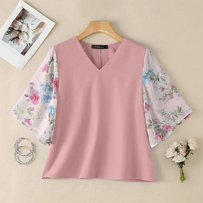 ZANZEA Woman Floral Print 3/4 Sleeve Blouses Elegant Patchwork V-Neck Pullover Tops 2026 Summer Daily Casual Blusas de Mujer