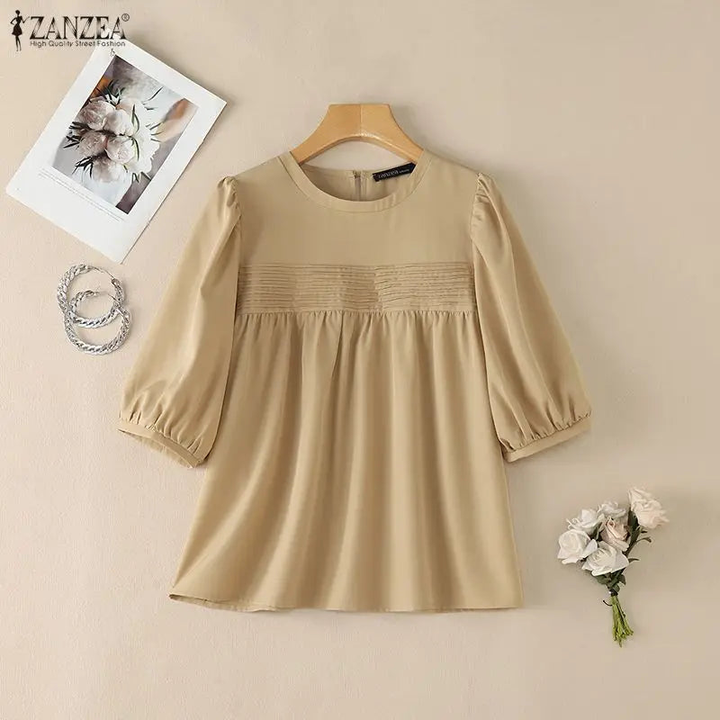 ZANZEA 2026 Summer Casual Pintuck Blouses Woman Round Neck Half Puff Sleeve Solid Color Tops Everyday Wear Comfort Blusas Mujer