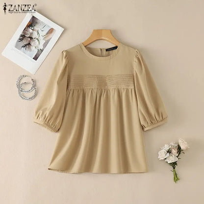 ZANZEA 2026 Summer Casual Pintuck Blouses Woman Round Neck Half Puff Sleeve Solid Color Tops Everyday Wear Comfort Blusas Mujer