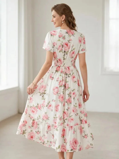 Elegant V-Neck A-Line Long Dress Soft Rose Print Summer Vacation Gown Women's Casual Maxi Skirt