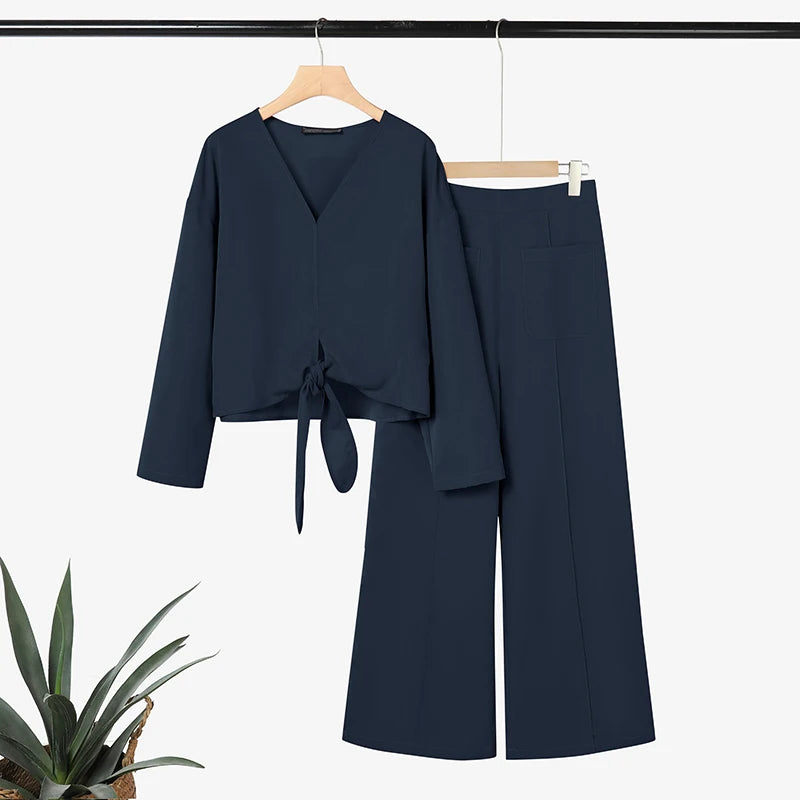 ZANZEA Women's Stylish 2-Piece Sets Long Sleeve V-Neck Tied-Hem Blouse & Wide Leg Pant Matching Sets Minimalist Casual Co-ords