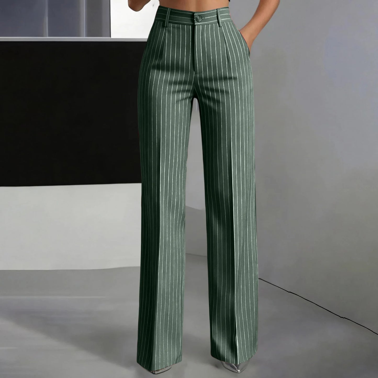Women Striped Vintage Elastic Back Waist Suit Pants Draped Wide Leg Slacks Business Commute Casual Work Office Ladies Trousers