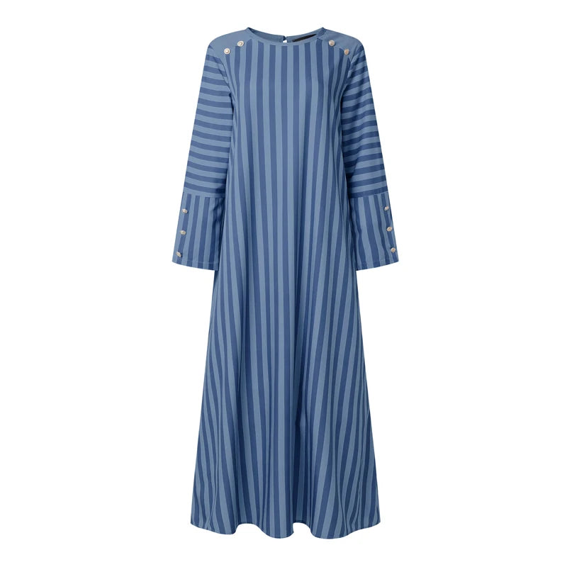 Ramadan Abaya Muslim Dress ZANZEA Women Striped Maxi Dresses Elegant O Neck Long Sleeve Pleated Sundress Robe Casual Kaftan