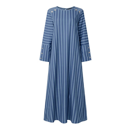 Ramadan Abaya Muslim Dress ZANZEA Women Striped Maxi Dresses Elegant O Neck Long Sleeve Pleated Sundress Robe Casual Kaftan