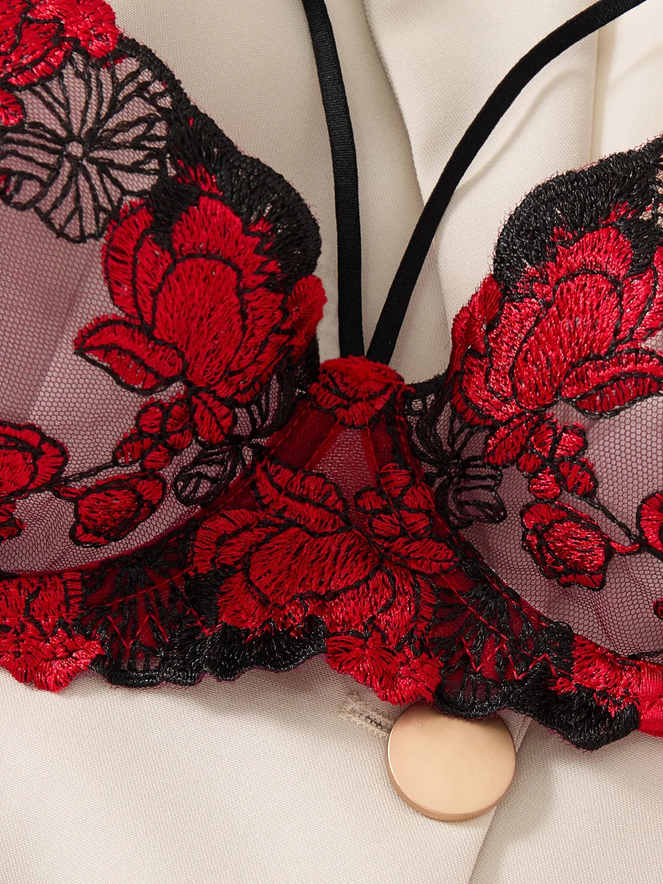 Women Red Floral Embroidery Lingerie Set Satin Sheer Mesh Underwire Bra & Thong Romantic Intimate Underwear ZA825127