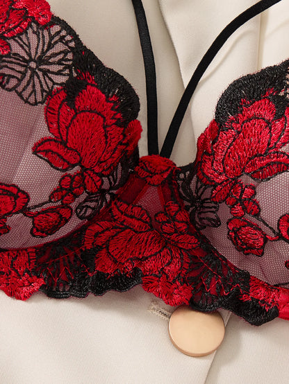 Women Red Floral Embroidery Lingerie Set Satin Sheer Mesh Underwire Bra & Thong Romantic Intimate Underwear ZA825127