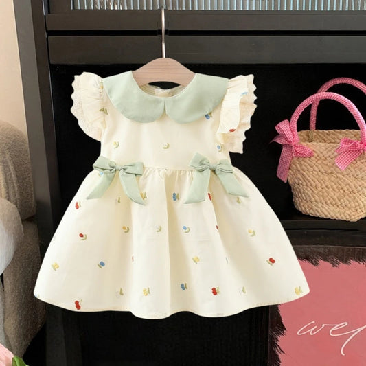 Summer Toddler Dress Cute Doll Collar Flower Embroidered Bow Princess Dress for Baby Girl 0-2 Years Old
