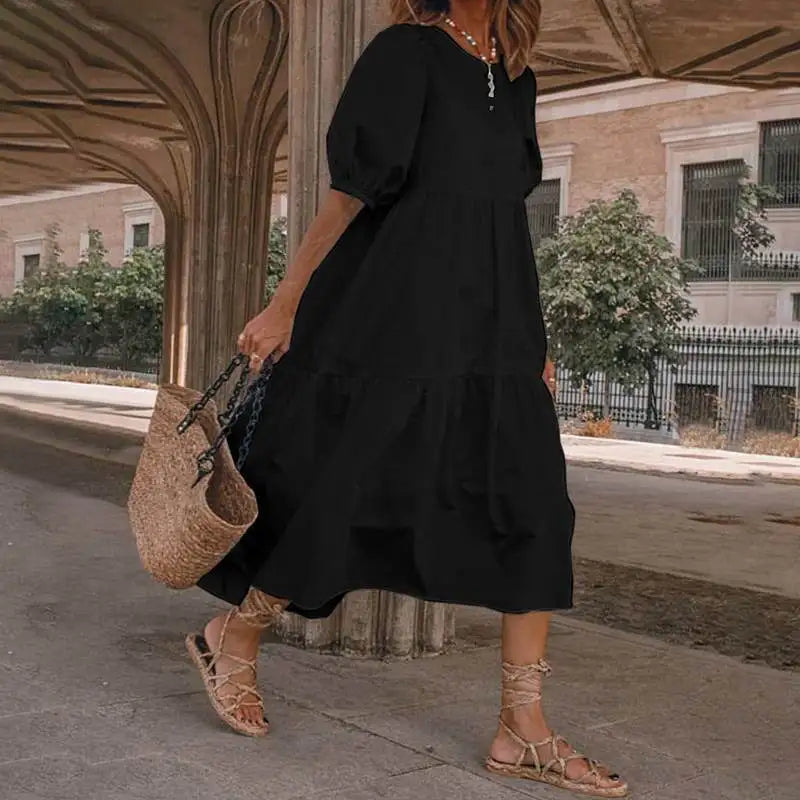 Summer New Solid Color Short Sleeved Loose For Women's Dresses Fashion Casual Patchwork Retro Beach Holiday Maxi Female Sundress