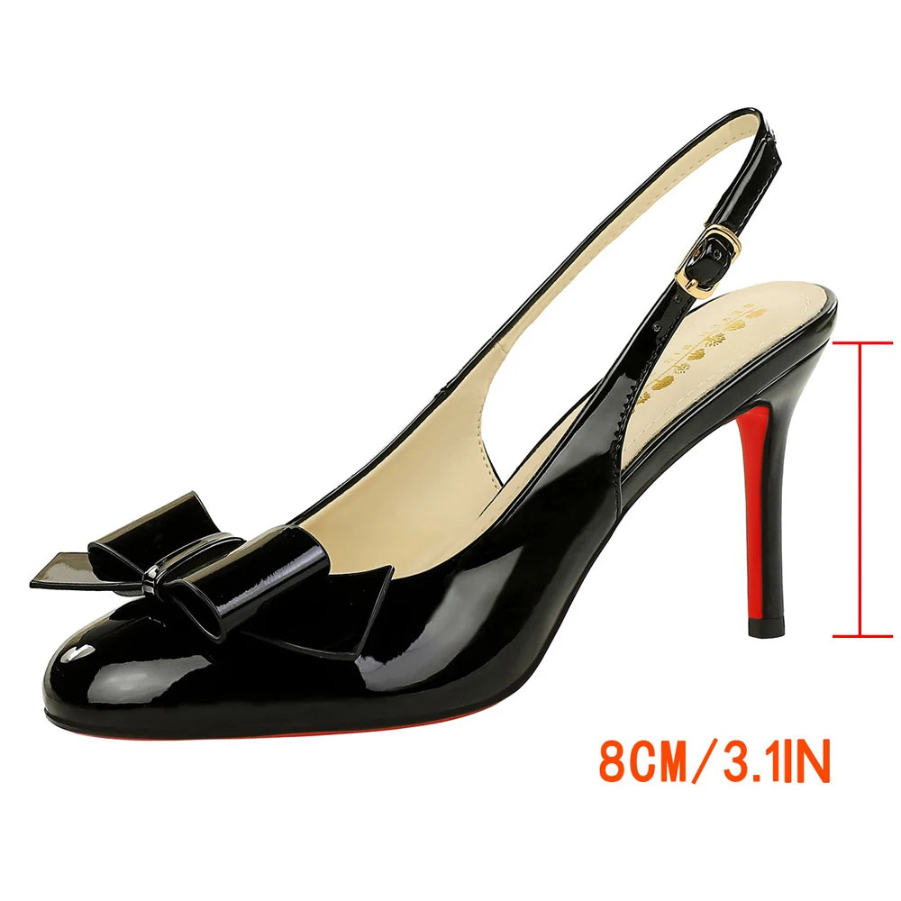 BIGTREE Shoes Round-toe Women Pumps Patent Leather High Heels Bowknot Women Heels Stiletto 8 cm Buckle High-heeled Sandals Lady