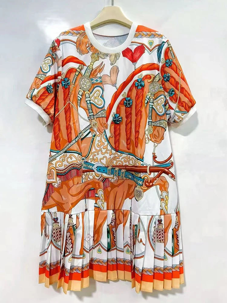 Retro geometric print round neck pullover dress 2026 summer women's T-shirt skirt fashionable loose oversized puffy skirt