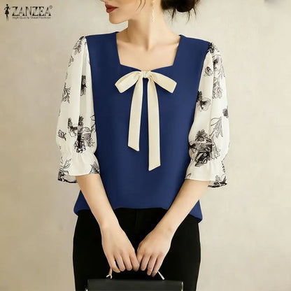 ZANZEA Woman Elegant Bow Detail Blouses Square Neck Floral Printed 3/4 Sleeves Contrast-Color Tops Spring Summer Blusas de Mujer