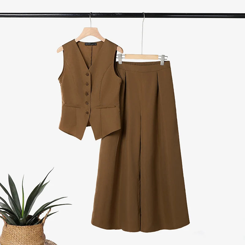 ZANZEA Women Minimalist Elegant 2 Piece Pant Sets Summer Old Money Vest & Wide Leg Pant Suits Office Commute 2pcs Sets Outfits