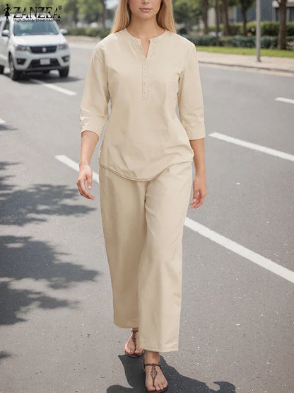 2025 Autumn Pant Sets ZANZEA Women 2PCS Outfits Elegant 3/4 Sleeve Blouse Wide Leg Trousers Suit Fashion Solid OL Work Tracksuit