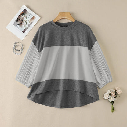 ZANZEA Women Color-Blocked T-Shirts O-Neck 3/4 Pleated Lantern Sleeve Loose Tees Spring Summer Female Elegant Fashion Blouses