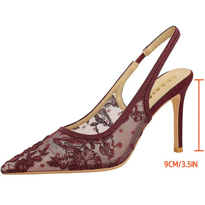 BIGTREE Shoes Women Pumps Hollow Lace Mesh Back Strap High Heels Pointed Tip Women Heels 9 cm Stiletto Sandals Sexy Party Shoes