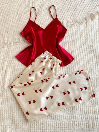 New V Neck 2 piece Women's Pajamas with Contrast Color Solid Top with Heart Printed long Pants Casual Sleepwear Set for Ladies