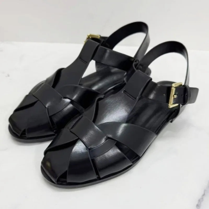 New Flat Sandals Women 2026 Summer Faux Suede Weaving Design Gladiator Sandals Ankle Strap Comfortable Women Shoes Sandalias