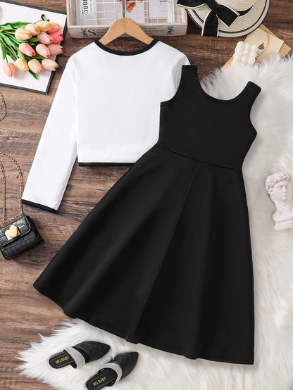 8-12Y Girls' Spring and Autumn Simple and Elegant Dress Set, Solid Color Sleeveless A-Line Pleated Knee-Length Skirt + Button-Down Long-Sleeved Vest, Suitable for Girls' Daily Casual Party Dress Set
