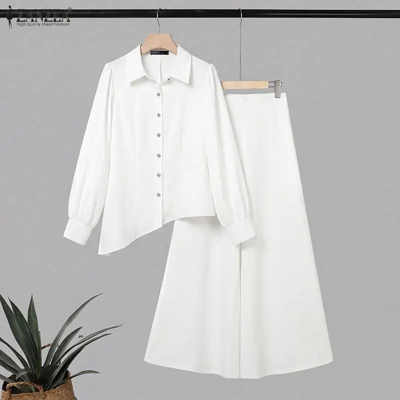 ZANZEA Women Two Piece Pants Suit Long Lantern Sleeve Asymmetrical Blouse Wide Leg Trousers Office Outfits Solid Matching Sets