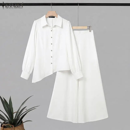 ZANZEA Women Two Piece Pants Suit Long Lantern Sleeve Asymmetrical Blouse Wide Leg Trousers Office Outfits Solid Matching Sets