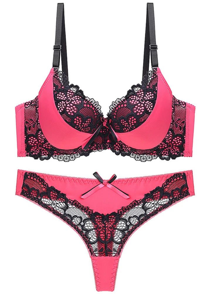 Thong bra set push up Lace hollow out Brassiere bra and panty set Underwear Femme Panties Lingerie