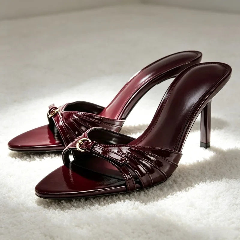 Fashion Metal Buckle Detail Mule Sandals Women Burgundy Patent Leather Stiletto Slide Sandals Sexy Open-toe Pointed-toe Heels