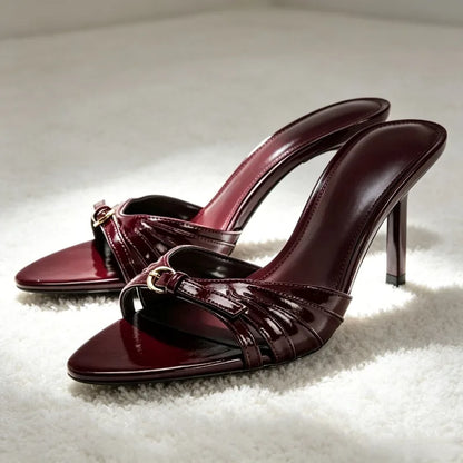 Fashion Metal Buckle Detail Mule Sandals Women Burgundy Patent Leather Stiletto Slide Sandals Sexy Open-toe Pointed-toe Heels