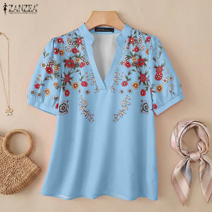 ZANZEA 2026 Summer Floral Print Blouses Woman Casual V-Neck Short Puff Sleeve Pullover Blusas Mujer Vacation Everyday Wear Tops