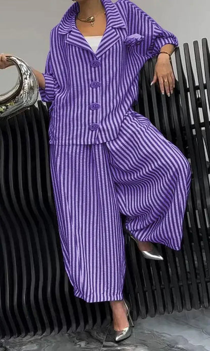New Women Casual Tracksuits Set Long Sleeve Fashion Striped Blouse and Wide Leg Pants Suit Large Big 5xl Female Two Piece Sets
