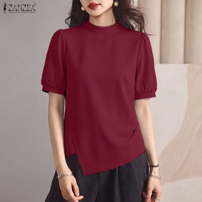 Summer Short Sleeve Tops ZANZEA Elegant Women Blouses Irregular Tops Solid Color Streetwear OL Work Party Tee S-3XL Blusas Tunic