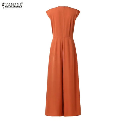 ZANZEA Women V-Neck Sleeveless Jumpsuits Street Fashion Inverted Pleats Wide Leg Pant Overalls Minimalist Commute Work Playsuits