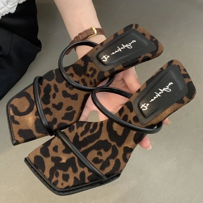Fashion Leopard Narrow band Women Sandals Square toe thin Heel Slide Sandals Summer Sexy Open Toe non-slip heeled shoes woman