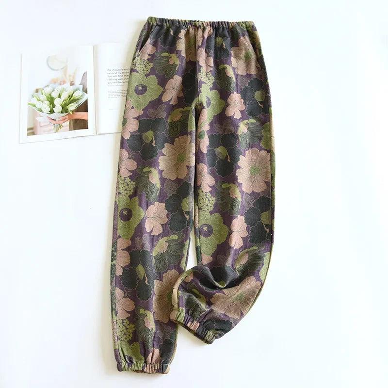 2026 New Spring Summer Women's Pajamas 100% Cotton Crepe Pants Women's Comfortable Loose Large Leaf Home Pants Thin Bottoms