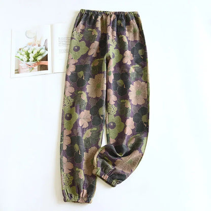 2026 New Spring Summer Women's Pajamas 100% Cotton Crepe Pants Women's Comfortable Loose Large Leaf Home Pants Thin Bottoms