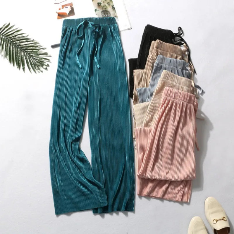 2026 Spring and Summer Loose Chiffon Ice Silk Women's Pants, Pleated Slim Wide-Leg Trousers