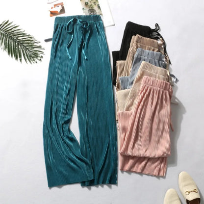 2026 Spring and Summer Loose Chiffon Ice Silk Women's Pants, Pleated Slim Wide-Leg Trousers