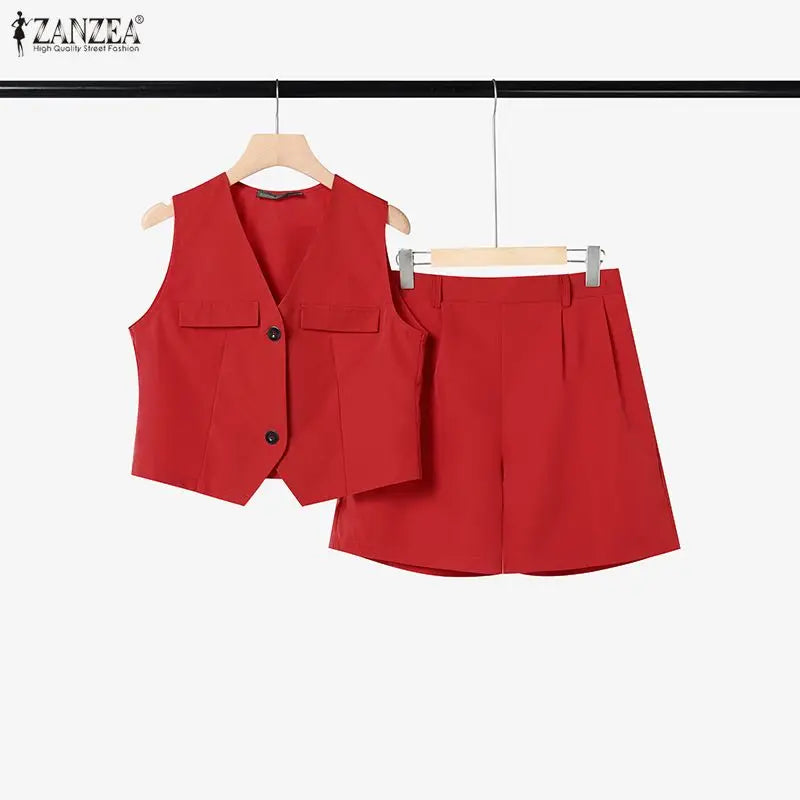 ZANZEA Woman Short Suits Summer Sleeveless Vests Tops & Elastic Waist Shorts 2 Pieces Sets Casual Commuting Solid Color Outfits