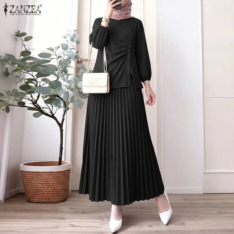 Modest Ramadan Outfit ZANZEA Women Muslim 2 Pieces Sets Stylish Casual O Neck Long Sleeve Pleated Blouse A Line Maxi Skirt Suit