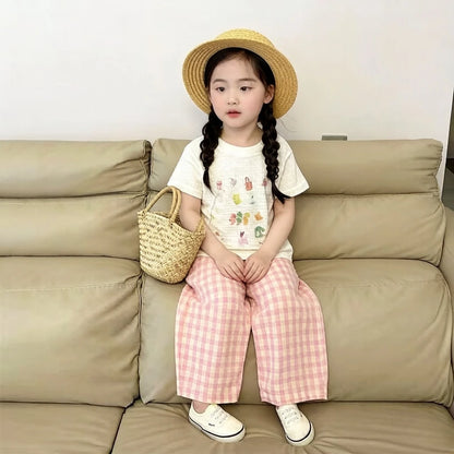 Girls' Thin Cotton Checkered Summer Pants Breathable Outdoor Straight Leg Wide Leg Mosquito Repellent Pants