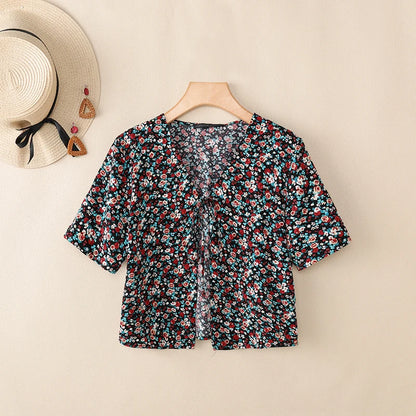 ZANZEA Women Fashion Floral Print Cardigans V-Neck Short Sleeve Lace-Up Front Cover-Up 2026 Summer Vacation Streetwear Short Top